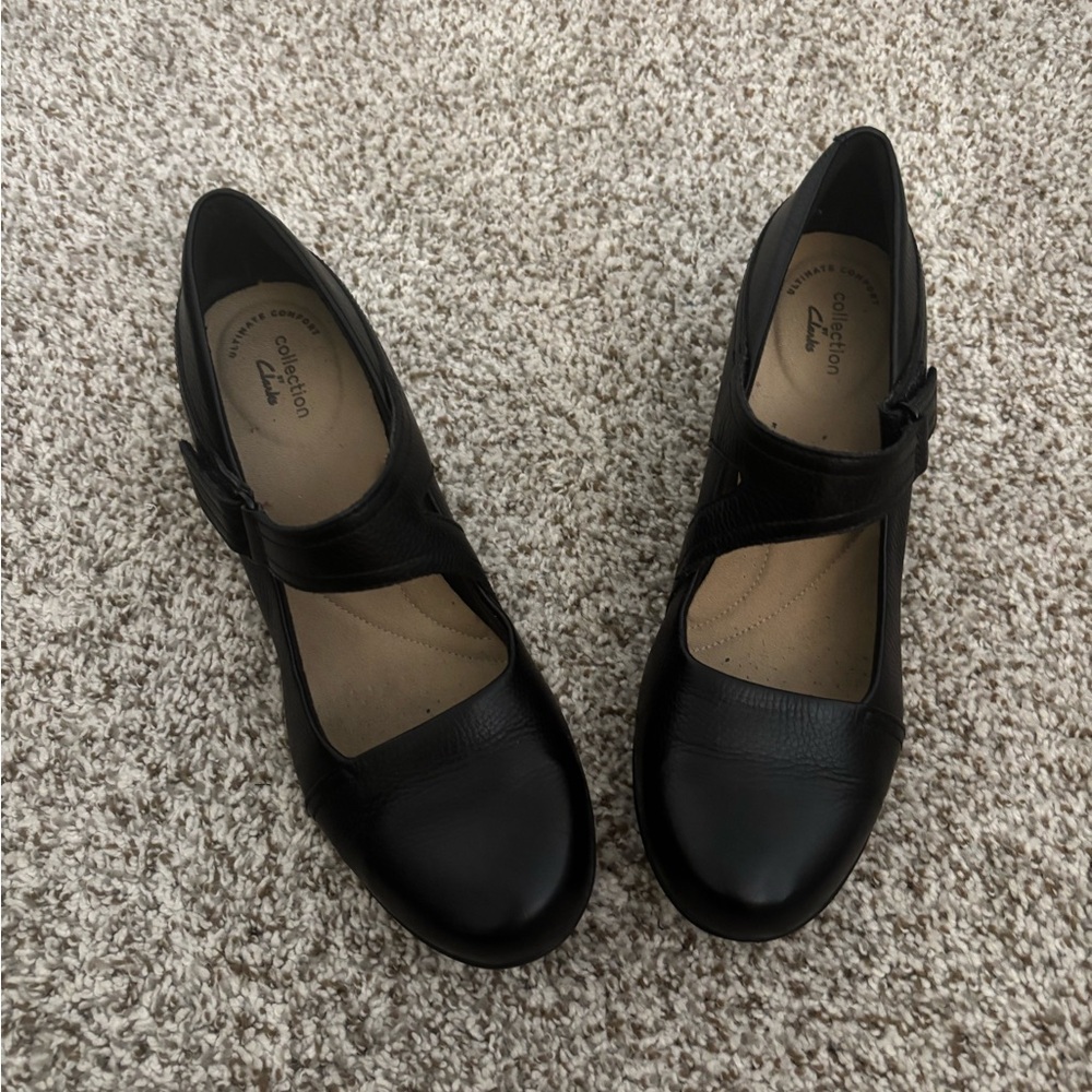 Clarks Black Heeled Shoes with Elegant Strap